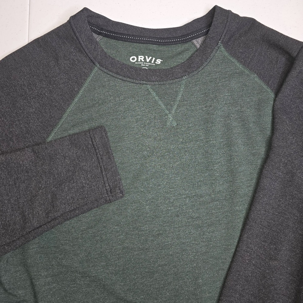 ORVIS Men's Long Sleeve Large Baseball Crewneck Green Gray‎ Shirt - 894